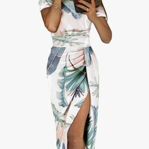 Tropical Leaf Print Off-Shoulder Midi Dress Medium Pink Cream Green